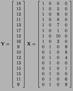 $\displaystyle {\bf Y} = \left[ \begin{array}{c} 18 15 12 11 13 17 1...
...& 1 & 0 & 1 0 & 1 & 0 & 0 0 & 1 & 0 & 6 0 & 1 & 0 & 9 \end{array} \right]$