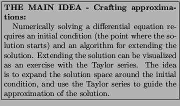 \framebox{\parbox{3in}{\setlength{\parindent}{11pt}\noindent{\bf
THE MAIN IDEA ...
...dition, and use the Taylor series to
guide the approximation of the solution. }}