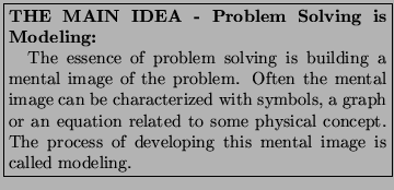 \framebox{\parbox{3in}{\setlength{\parindent}{11pt}\noindent{\bf
THE MAIN IDEA ...
...cal concept. The process of developing
this mental image is called modeling.
}}