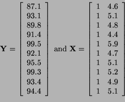 \begin{displaymath}
{\bf Y} =
\left[
\begin{array}{c}
87.1\\
93.1\\
89.8\\
91...
...\
1 & 5.1\\
1 & 5.2\\
1 & 4.9\\
1 & 5.1
\end{array}\right]
\end{displaymath}